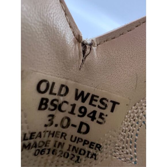 Old West Youth Tumbled Brown & Tan Calf Leather Top Square Toe Boots Size 3.0 D - Picture 4 of 6